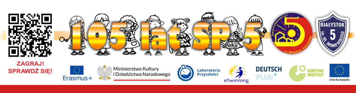 Baner 105 lat SP5, tarcze szkolne, kod QR do aplikacji szkolnej dotyczące bezpieczeństwa w sieci