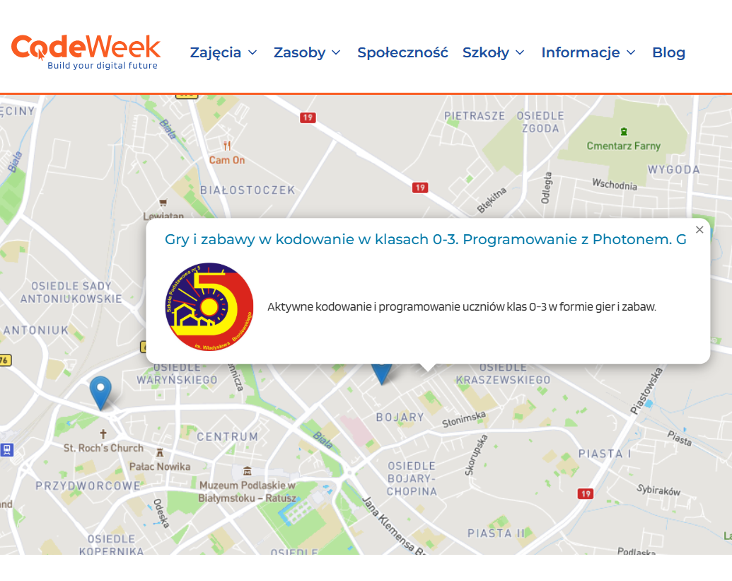 Aktywne kodowanie - mapa z zaznaczoną "Piątką"